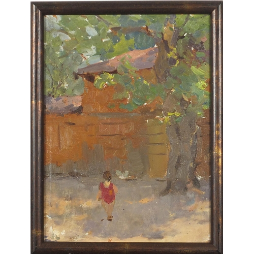 1048 - The Walk, 1960s English school oil on board, inscribed verso, framed, 26.5cm x 19.5cm excluding the ... 