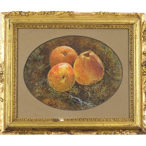 1004 - Still life fruit, 19th century heightened oval watercolour, mounted, framed and glazed, 21cm x 16cm ... 