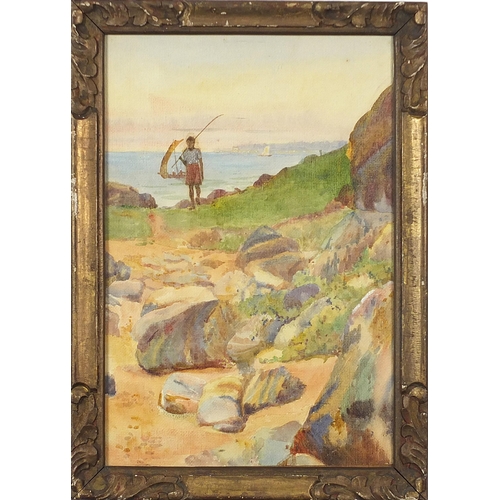 962 - Coastal scene with fisher boy, 19th century Neapolitan school watercolour, framed and glazed, 27.5cm... 