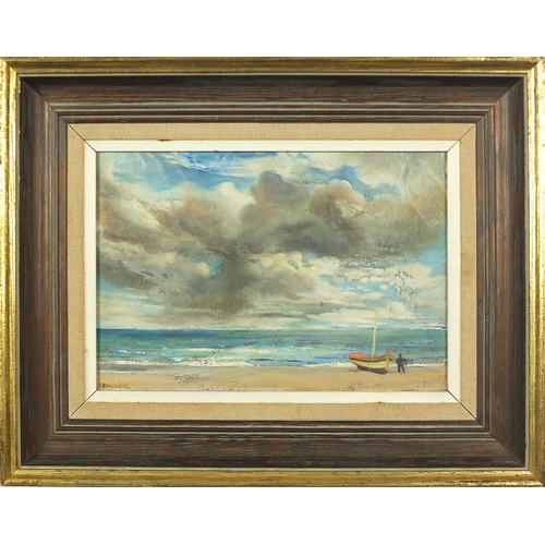 985 - T Brandling - Coastal beach scene with moored boat and figure, signed oil on board, indistinctly dat... 