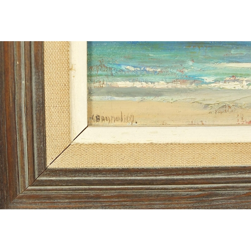 985 - T Brandling - Coastal beach scene with moored boat and figure, signed oil on board, indistinctly dat... 