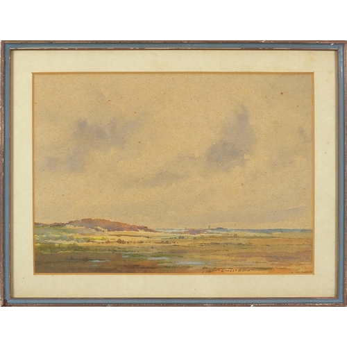 1119 - Ernest Burn - A view from Dunwich, Suffolk, signed watercolour, Bentalls label and inscribed in penc... 