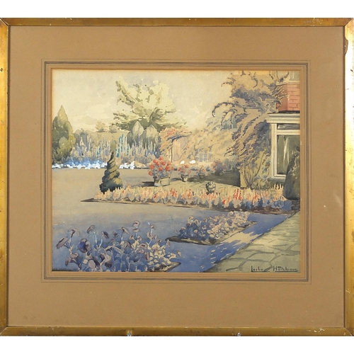 1219 - Leslie Hutchison - Garden scene, signed heightened watercolour, mounted, framed and glazed, 35cm x 2... 