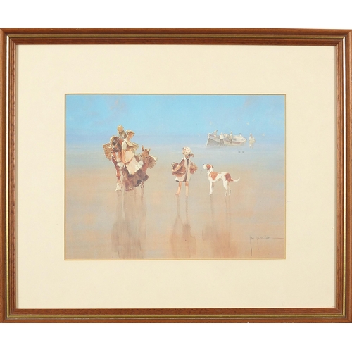 678 - After John Hacking - Beach scene with mother and child, print in colour, mounted, framed and glazed,... 