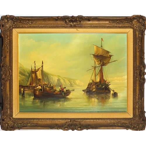 1408 - Ships beside a coastline, 19th century style oil on canvas, indistinctly signed, possibly N Bean...e... 