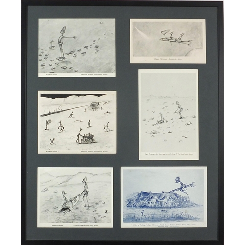 820 - Framed display of six Christmas cards from Patrick Moore, inscribed verso His mother drew the cards,... 