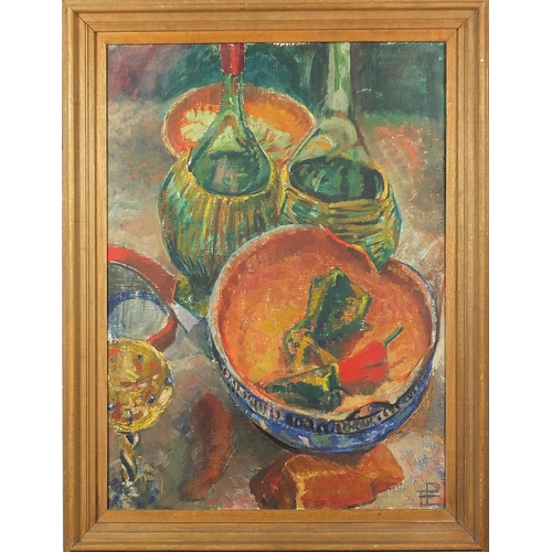 675 - Still life vessels, oil on canvas, indistinctly monogrammed, possibly E P, mounted and framed, 75cm ... 