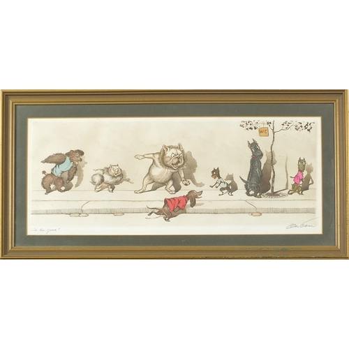 1416 - Boris O'Klein - Dogs in a street, pencil signed print in colour, mounted, framed and glazed, 45cm x ... 