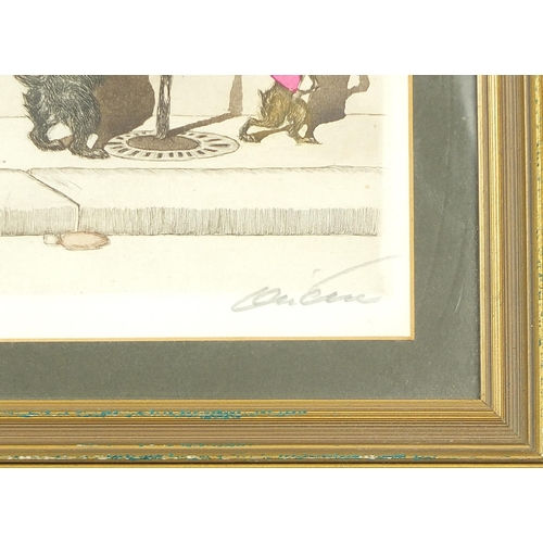 1416 - Boris O'Klein - Dogs in a street, pencil signed print in colour, mounted, framed and glazed, 45cm x ... 