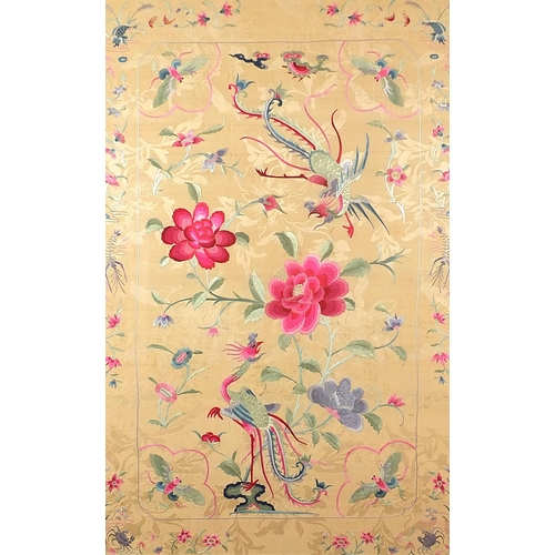 88 - Phoenixes amongst insects and flowers, 18th/19th century Chinese silk embroidered panel, framed and ... 