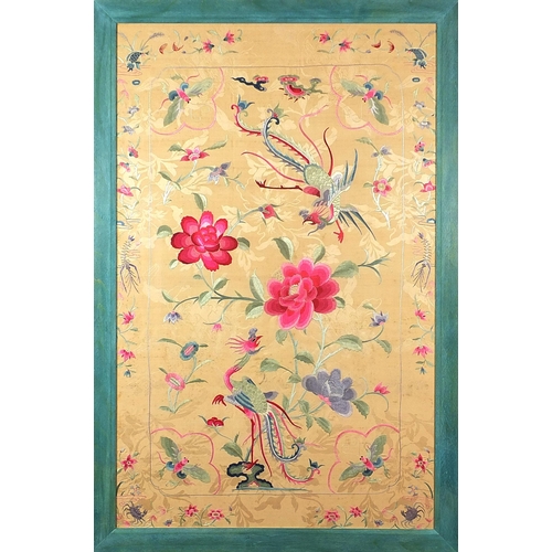 88 - Phoenixes amongst insects and flowers, 18th/19th century Chinese silk embroidered panel, framed and ... 