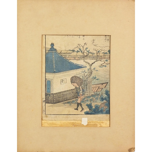 151 - Figures in palace settings, pair of Japanese woodblock prints, mounted, unframed, each 21.5cm x 16.5... 