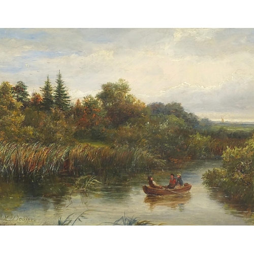 774 - River landscapes with figures in boats, pair of oil on canvas boards, each indistinctly signed and i... 