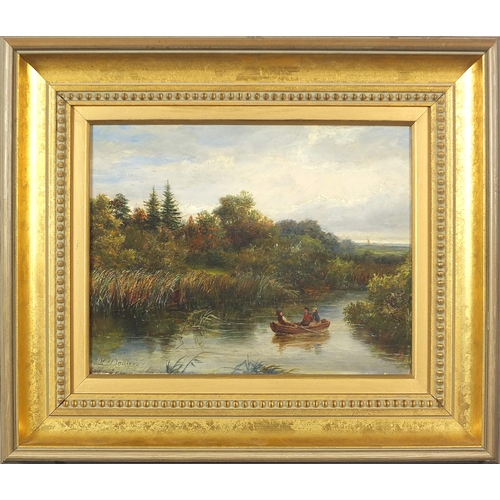 774 - River landscapes with figures in boats, pair of oil on canvas boards, each indistinctly signed and i... 