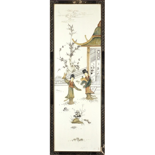 1246 - Set of four Chinese panels with hardstone inlay depicting females before landscapes, each 92cm x 33c... 