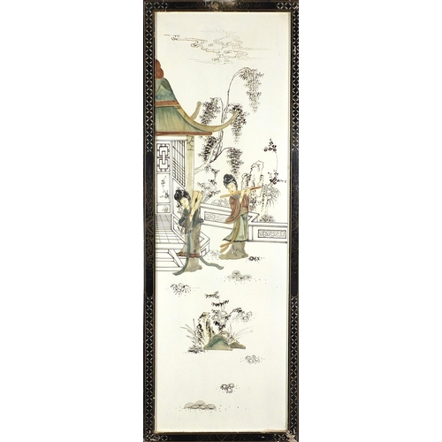 1246 - Set of four Chinese panels with hardstone inlay depicting females before landscapes, each 92cm x 33c... 