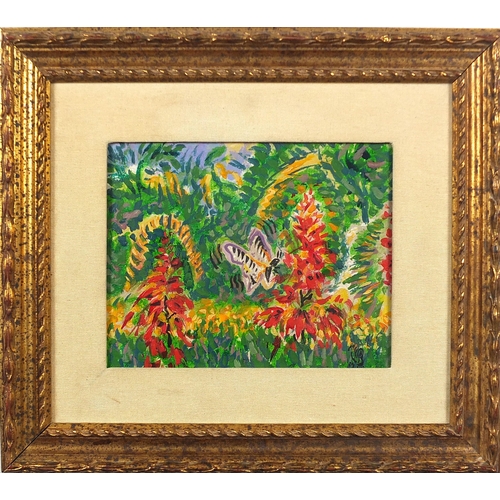 812 - Butterflies and flowers, oil on board, mounted and framed, 25cm x 20cm excluding the mount and frame