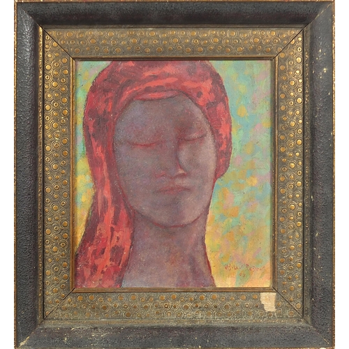 745 - Head and shoulders portrait of a female wearing a headdress, oil on board, mounted and framed, 26cm ... 