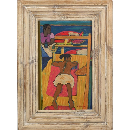 700 - Two figures on a beach, North African school oil on board, mounted and framed, 39cm x 23cm excluding... 