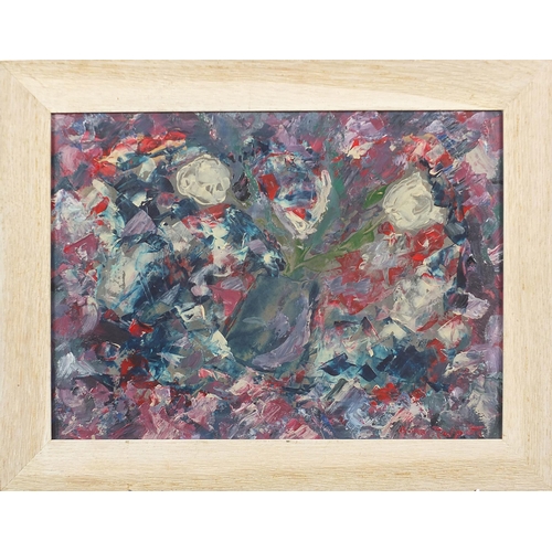 724 - Manner of Anne Redpath - Abstract composition, Scottish school still life flowers in a vase, oil on ... 