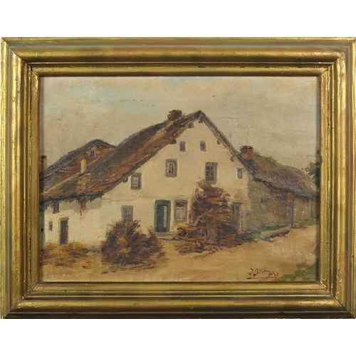 1005 - Rural landscape with cottage, oil on canvas, mounted and framed, 42cm x 31cm excluding the mount and... 