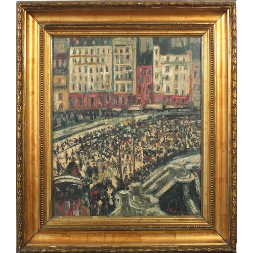 610 - Busy city scene, oil on canvas, mounted and framed, 43cm x 35cm excluding the mount and frame