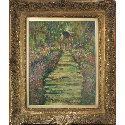 287 - Garden scene with flowers, Post Impressionist oil on board, mounted, framed and glazed, 48cm x 37cm ... 