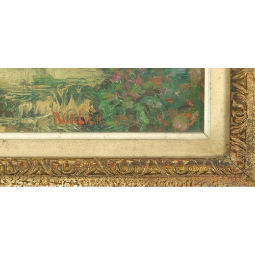 287 - Garden scene with flowers, Post Impressionist oil on board, mounted, framed and glazed, 48cm x 37cm ... 