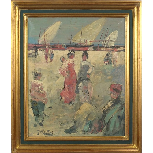 676 - Figures on a beach before boats, continental oil on canvas, mounted and framed, 45cm x 36cm excludin... 