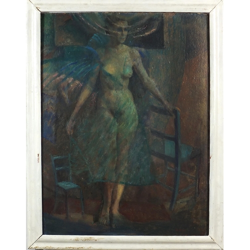 630 - Standing nude female in an interior, surreal oil on board, framed, bearing an indistinct signature, ... 