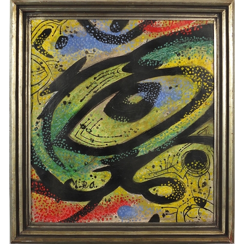 986 - After Joan Miro - Abstract composition, Spanish oil on canvas, mounted and framed, 49cm x 44cm exclu... 