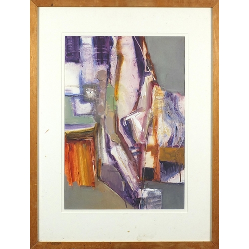 918 - Eileen Sey - Chasm, acrylic and watercolour, details verso, mounted, framed and glazed, 48cm x 32cm ... 