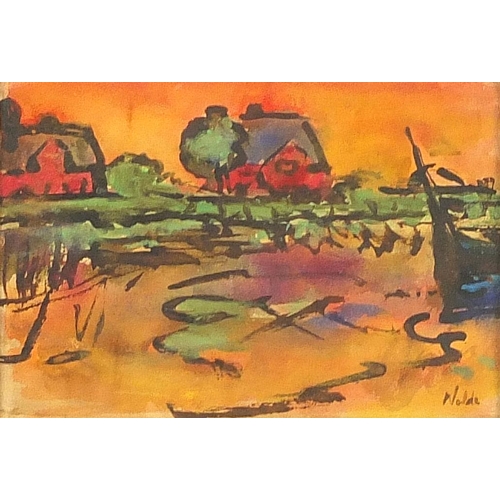 325 - River landscape with buildings, watercolour, mounted, framed and glazed, 18cm x 12cm excluding the m... 