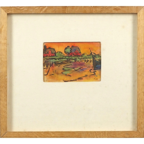 325 - River landscape with buildings, watercolour, mounted, framed and glazed, 18cm x 12cm excluding the m... 