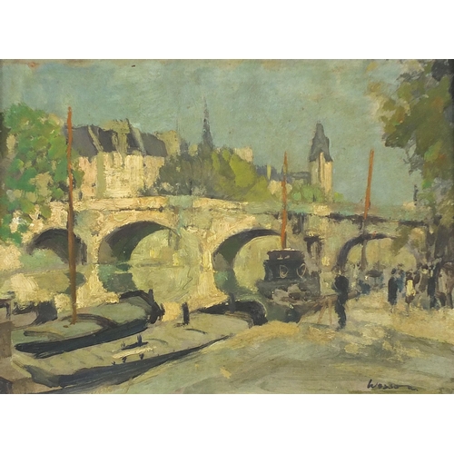 34 - Edward Wesson - River landscape with bridge before a town, oil on board, framed, 35cm x 28cm excludi... 