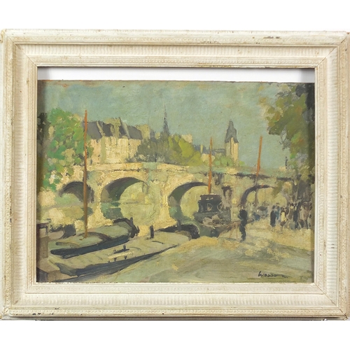 34 - Edward Wesson - River landscape with bridge before a town, oil on board, framed, 35cm x 28cm excludi... 