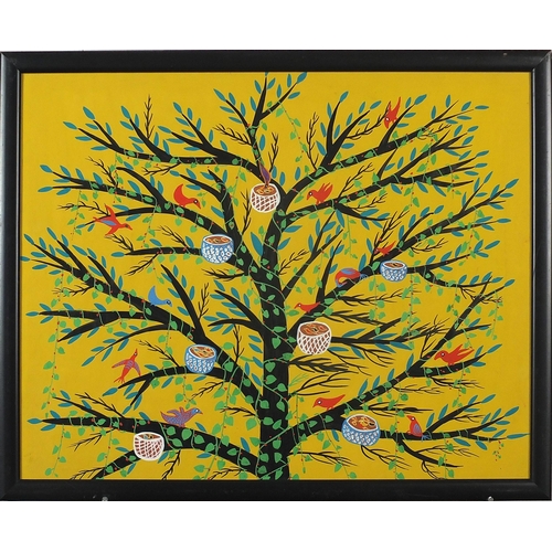 1104 - Birds nesting in a tree, Mongolian school gouache, framed and glazed, 49cm x 39cm excluding the fram... 