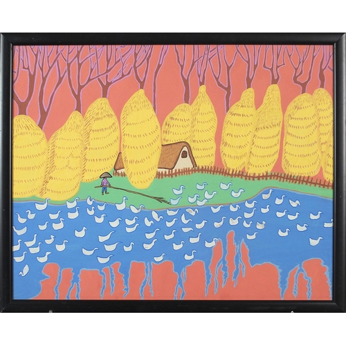 1105 - River landscape with figure and birds, surreal Mongolian school gouache, framed and glazed, 49cm x 3... 