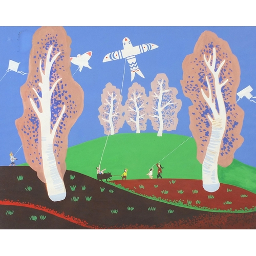 1075 - Figures flying kites before a landscape, surreal Mongolian school gouache, framed and glazed, 49cm x... 