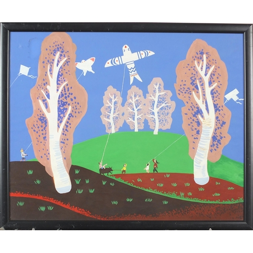 1075 - Figures flying kites before a landscape, surreal Mongolian school gouache, framed and glazed, 49cm x... 