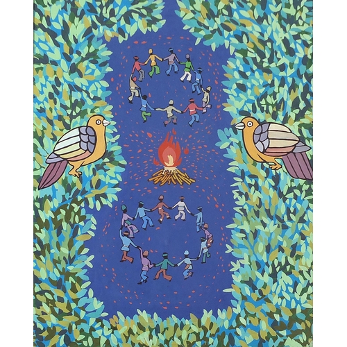 1076 - Figures dancing around a fire, surreal Mongolian school gouache, framed and glazed, 49cm x 39cm excl... 