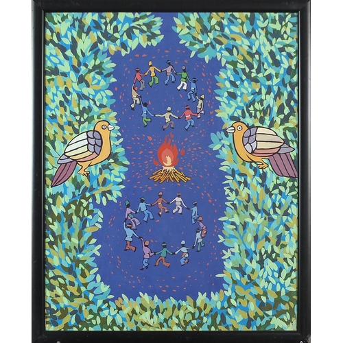 1076 - Figures dancing around a fire, surreal Mongolian school gouache, framed and glazed, 49cm x 39cm excl... 