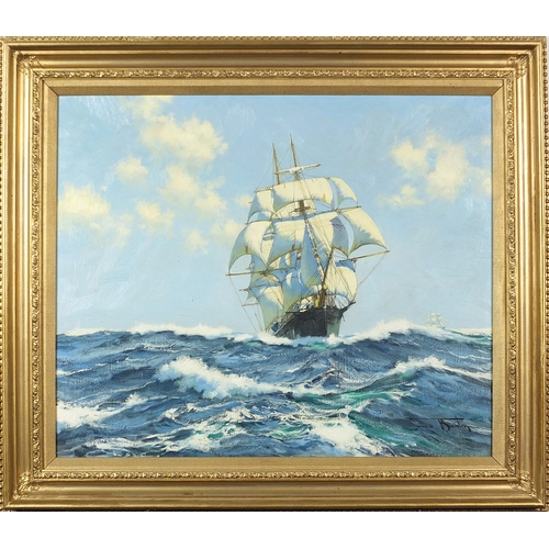 1078 - Sailing ship at sea, maritime interest oil on canvas, mounted and framed, 59cm x 49cm excluding the ... 