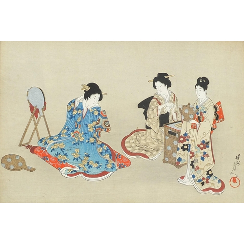 1244 - Females wearing kimonos, pair of Japanese watercolours, each with character marks and red seal mark,... 