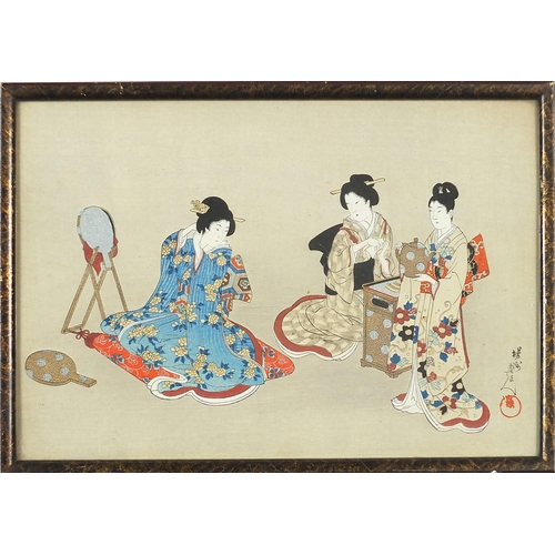 1244 - Females wearing kimonos, pair of Japanese watercolours, each with character marks and red seal mark,... 