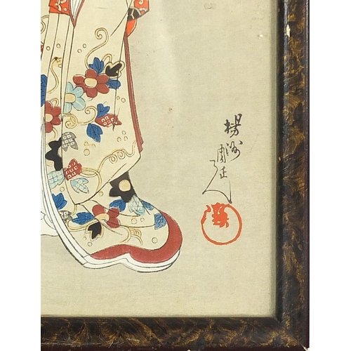 1244 - Females wearing kimonos, pair of Japanese watercolours, each with character marks and red seal mark,... 