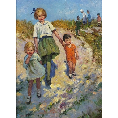 1074 - Manner of Dorothea Sharp - Children on a beach, oil on board, mounted and framed, 40cm x 29.5cm excl... 