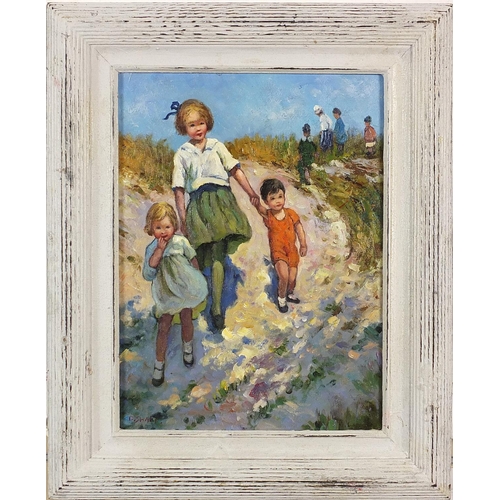 1074 - Manner of Dorothea Sharp - Children on a beach, oil on board, mounted and framed, 40cm x 29.5cm excl... 