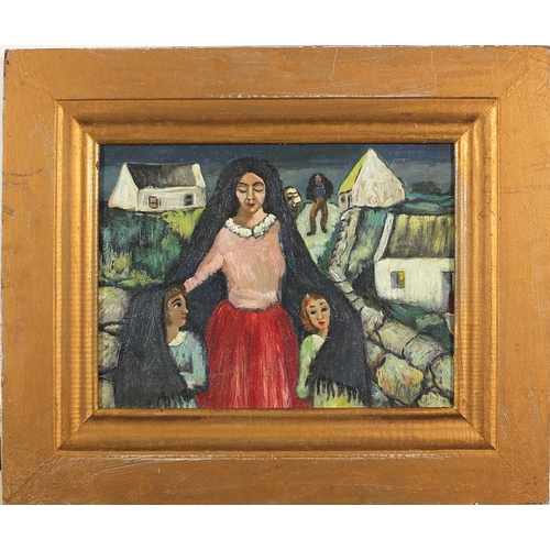 1103 - Manner of Gerard Dillon - Figures before cottages, Irish school oil on board, mounted and framed, 35... 