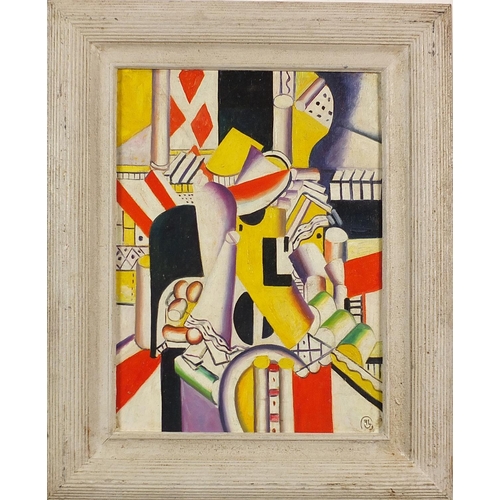 632 - Abstract composition, geometric shapes, French school oil on board, mounted and framed, 40cm x 29.5c... 